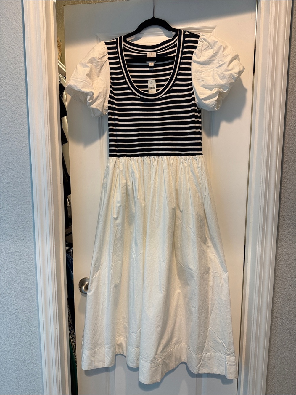 Maeve Navy & White Striped Puff-Sleeve Maxi Dress with Gathered Skirt